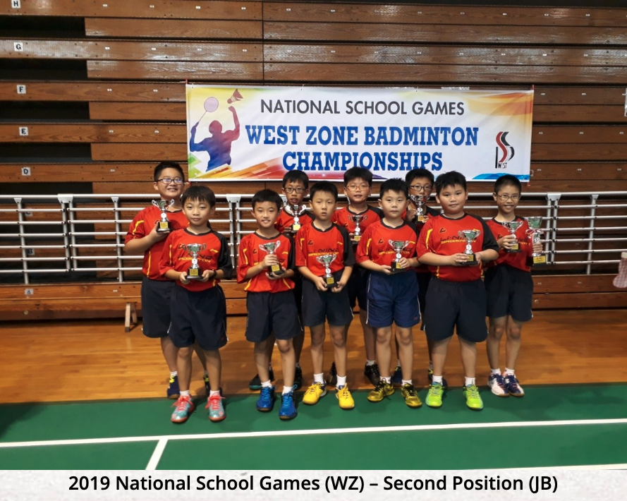 Ten young students in red uniforms hold trophy cups at the 2019 National School Games West Zone Badminton Championships.